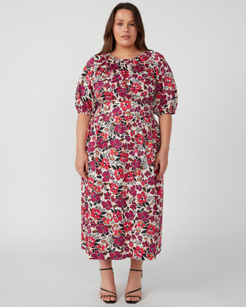 Front of a model wearing a size 22W Buckingham Garden Dress in Print by Estelle. | dia_product_style_image_id:349525